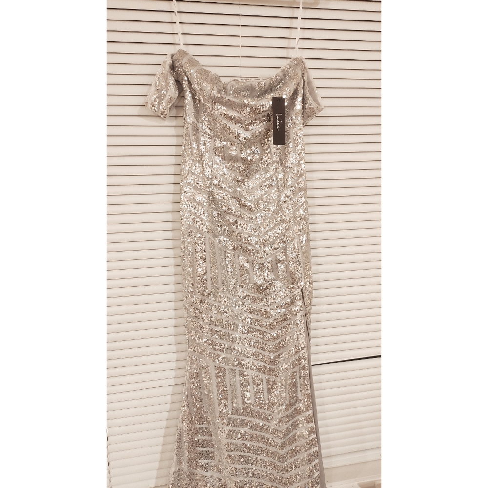 Lulu's You and Me Silver Sequin Off-the-Shoulder Mermaid Maxi Dress
